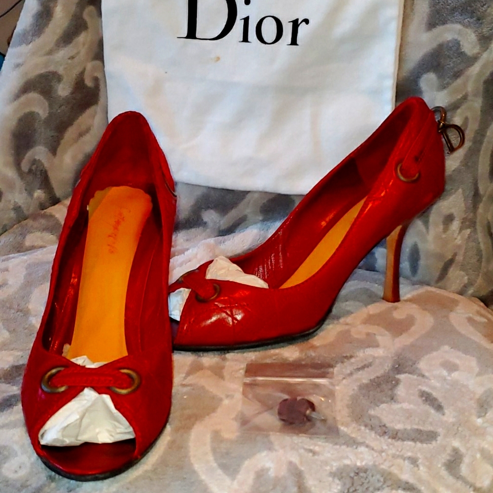 Dior Cannage Vintage Pump Open Toe 39=9 Red Leathe